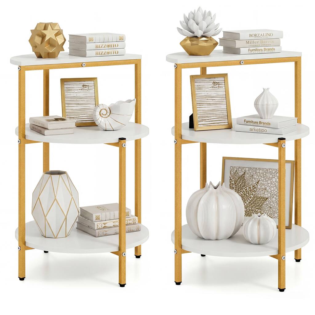 Gymax 2PCS 3-Tier Side Table Round End Table w/Storage Shelves Metal