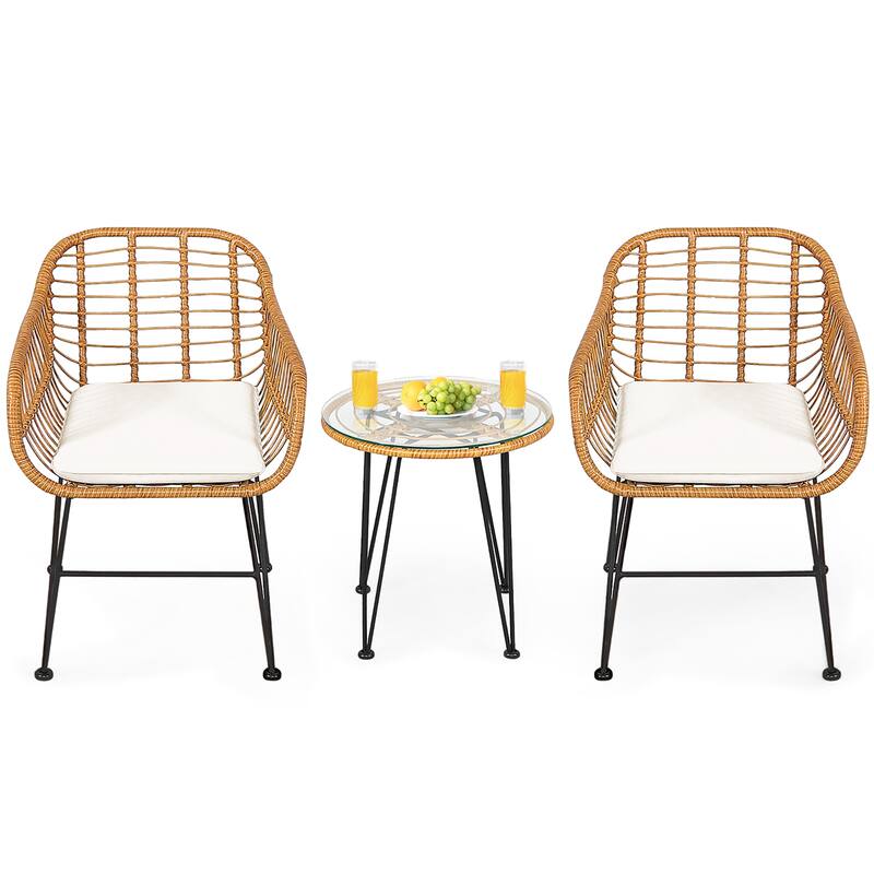 3 PCS Patio Bistro Set Rattan Conversation Set with Round Coffee Table - White