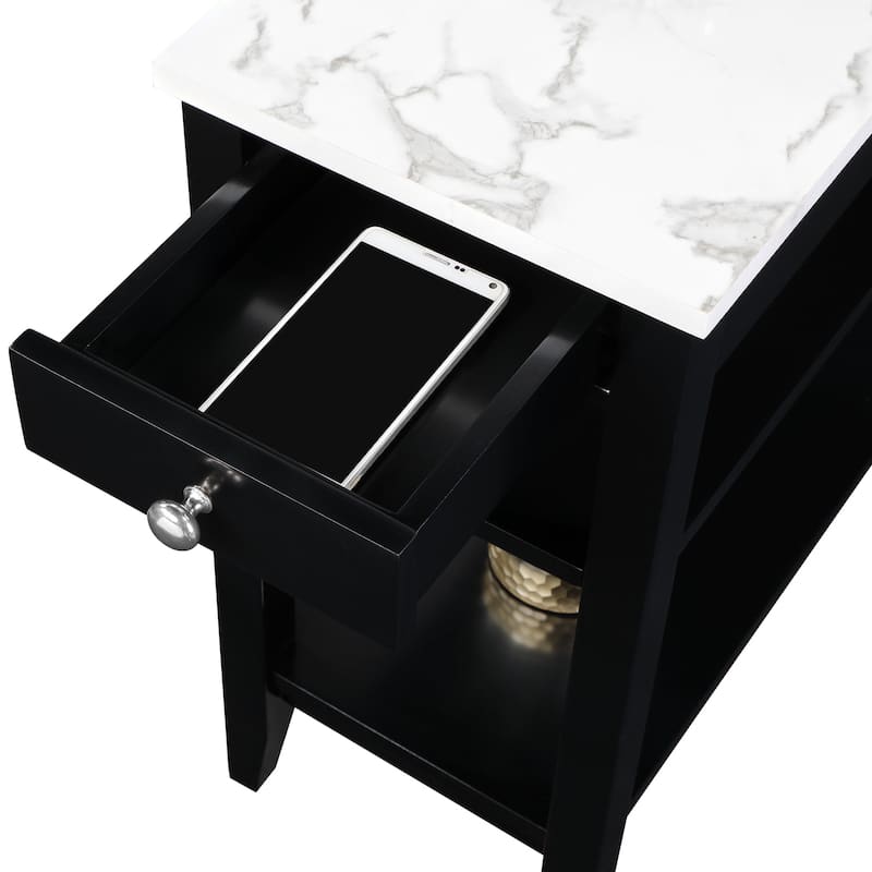Chairside End Table with Drawer, Built-In Charging Station, USB Ports and Three Shelves, Modern Side Table for Home Storage