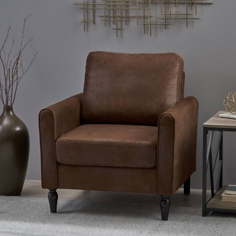 Roomfitters Sleek Upholstered Armchair, Modern Living Room Chair with Durable Faux Leather, Turned Wooden Legs - Brown