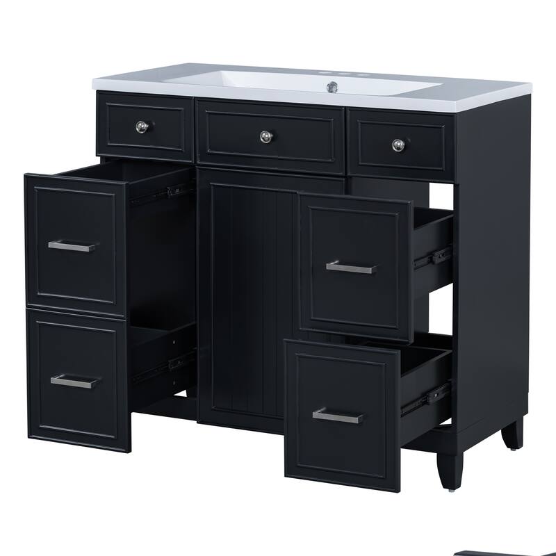36" Black Bathroom Vanity Cabinet with Single Sink, Soft-Close Door, 3 Drawers, Waterproof Resin Sink