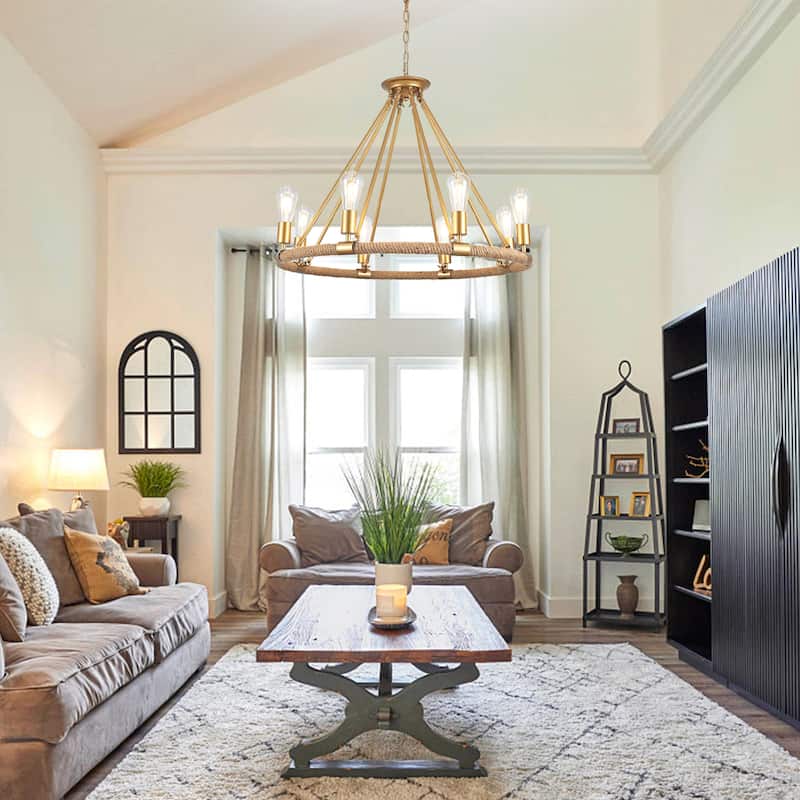 8-Light Classic Semi Flush Mount Chandelier, Farmhouse Modern Wagon Wheel Chandelier for Dining Room - W30.71"x H25.59"