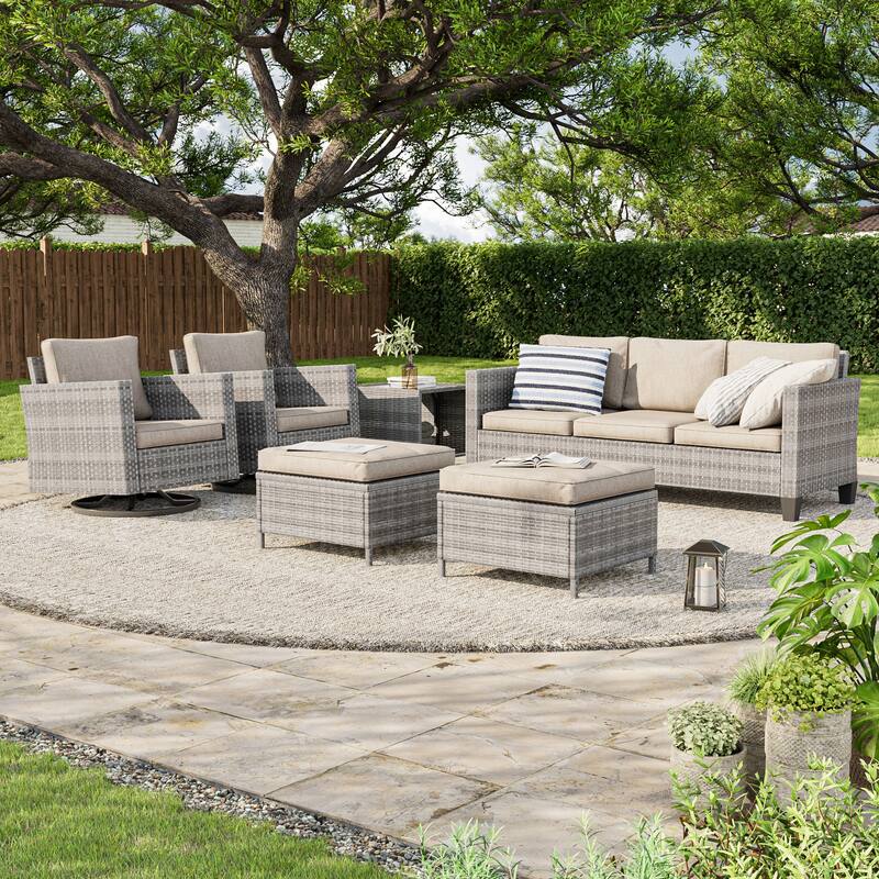 LIVOOSUN Patio 6Pcs Furniture Conversation Gray Rattan Swivel Rocking Sofa Set - Gray/Beige