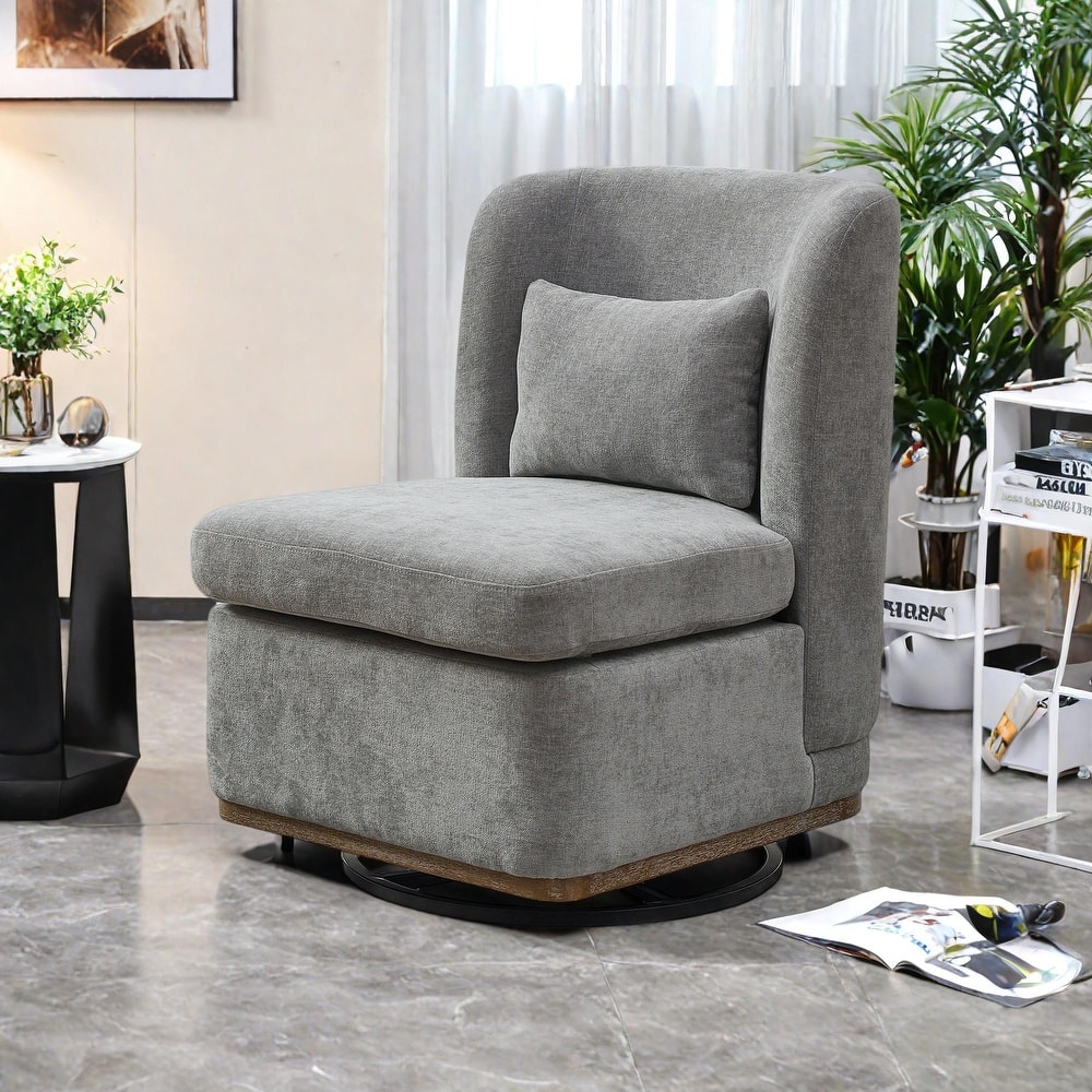 Chenille 360° Swivel Armless Chair with Metal Base, High-Density Foam Cushion, and Included Pillow