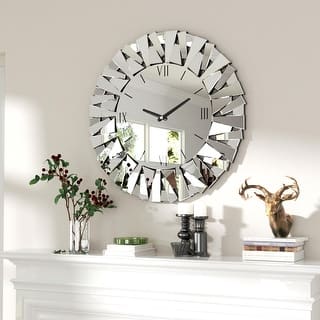 Round Beveled Edge Mirrored Wall Clock Decor with Roman Numerals Glass Clock