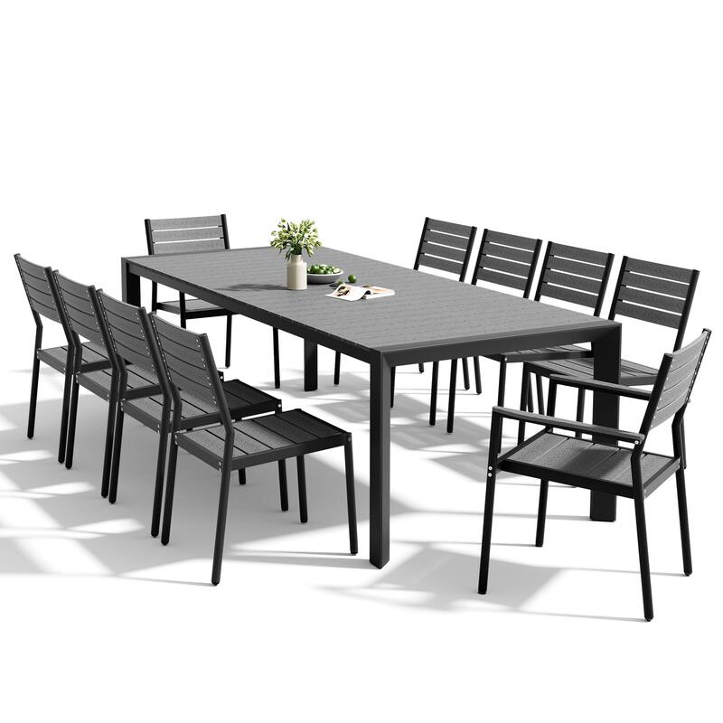 Set of 11 Outdoor Patio Dining Set WoodLike Table Top Aluminum Rectangular Umbrella Hole Table with Stackable Chairs Set