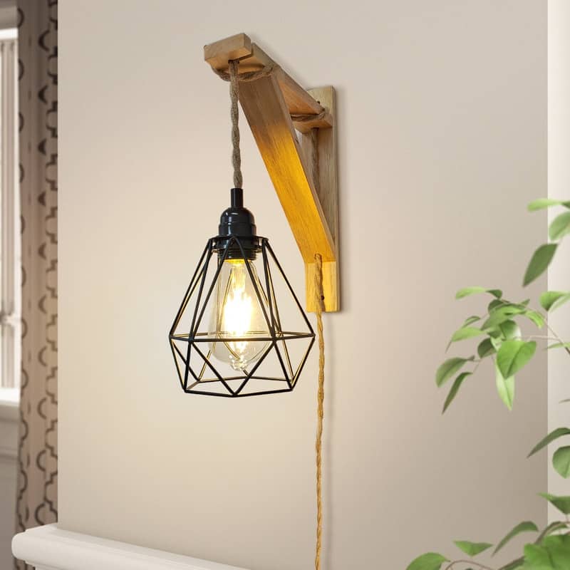 Rustic Plug-In Wall Sconce With Wood Shelf, Hanging Lamp With On/Off Switch, For Farmhouse Bedroom, Hallway, Living Room - Black