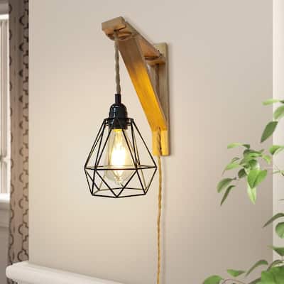Rustic Plug-In Wall Sconce With Wood Shelf, Hanging Lamp With On/Off Switch, For Farmhouse Bedroom, Hallway, Living Room