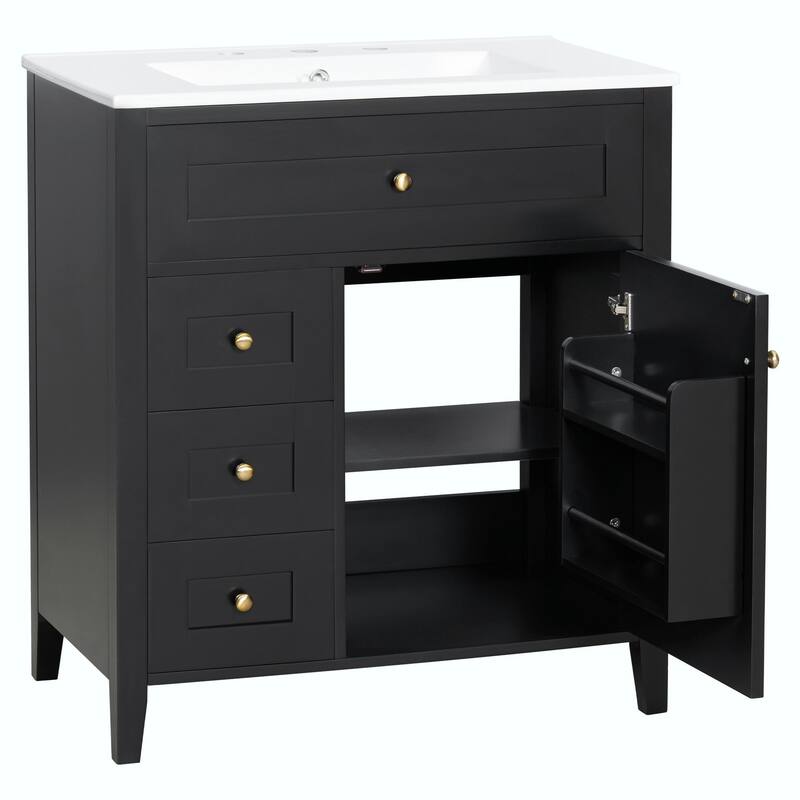 Bathroom Vanity with Sink, Modern MDF and Rubberwood Cabinet with 3 Drawers and Adjustable Shelf