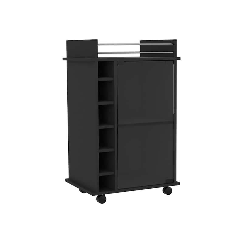 Carbon Espresso Bar Cart with Glass Door, Metal Rail, Two Shelves & Locking Casters