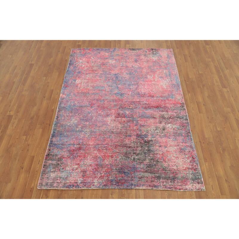 Hand Knotted Oriental Viscose Silk Carpet Modern Abstract Pink Abstract Area Rug - 7' 6'' X 5' 5''