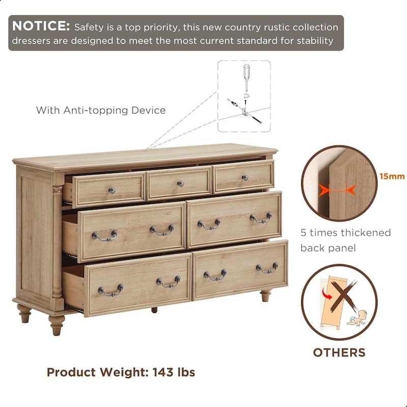 Farmhouse 7 Drawers Dresser, Vintage Chest of Drawers for Living Room