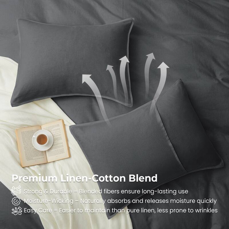 Flax Linen Cotton Blend Duvet Cover Set, Durable, Breathable and Moisture-Wicking, 3 Piece Bedding Set