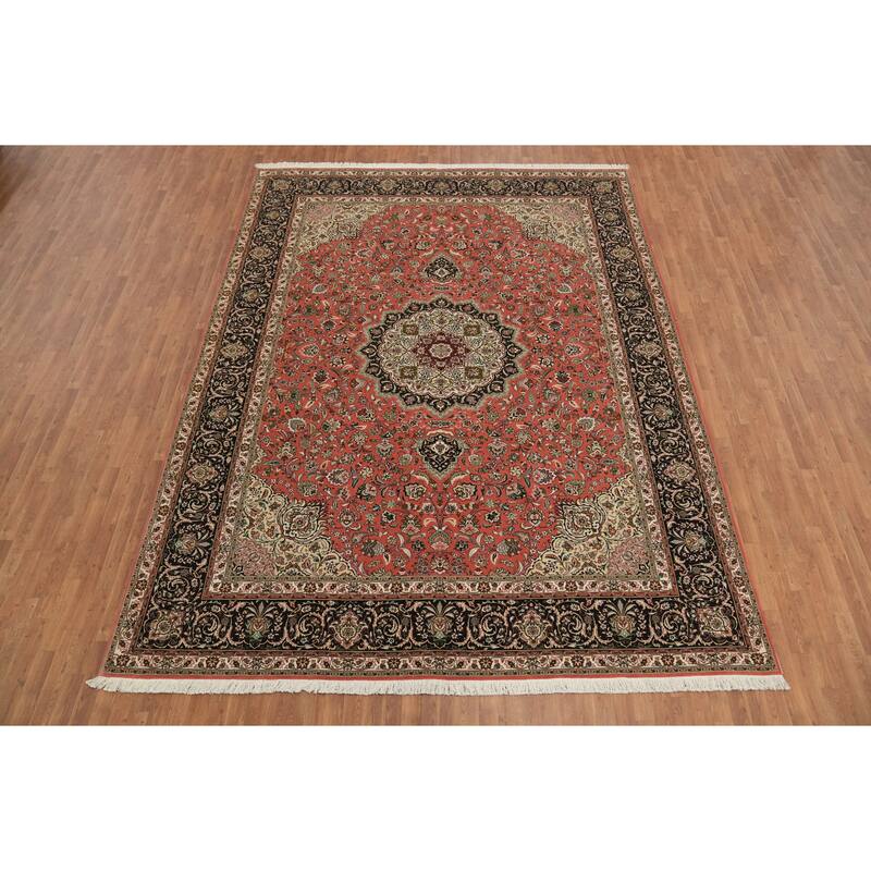 Hand Knotted Oriental Wool & Silk Carpet Traditional Floral Red Tabriz Area Rug - 13' 0'' X 9' 10''