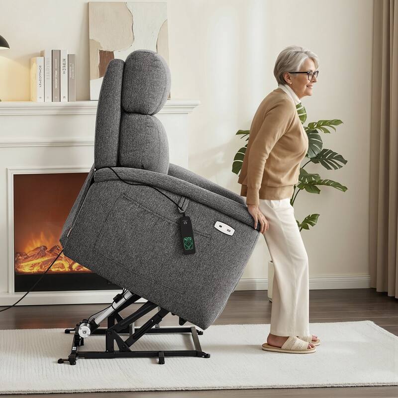 MCombo Power Recliner Lift Chair with Massage, Dual Heating and Adjustable Headrest for Big Elderly People, Fabric R7605 - Dark Grey