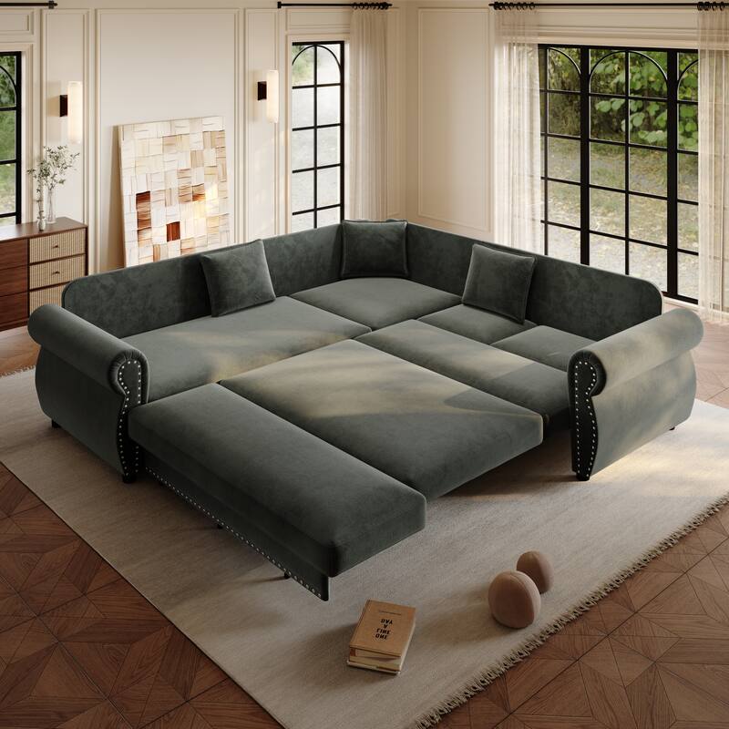 88.2" L-Shaped Sleeper Sectional Sofa with Pull-Out Bed - Chenille Convertible Couch, Nailhead Trim, for Living Room