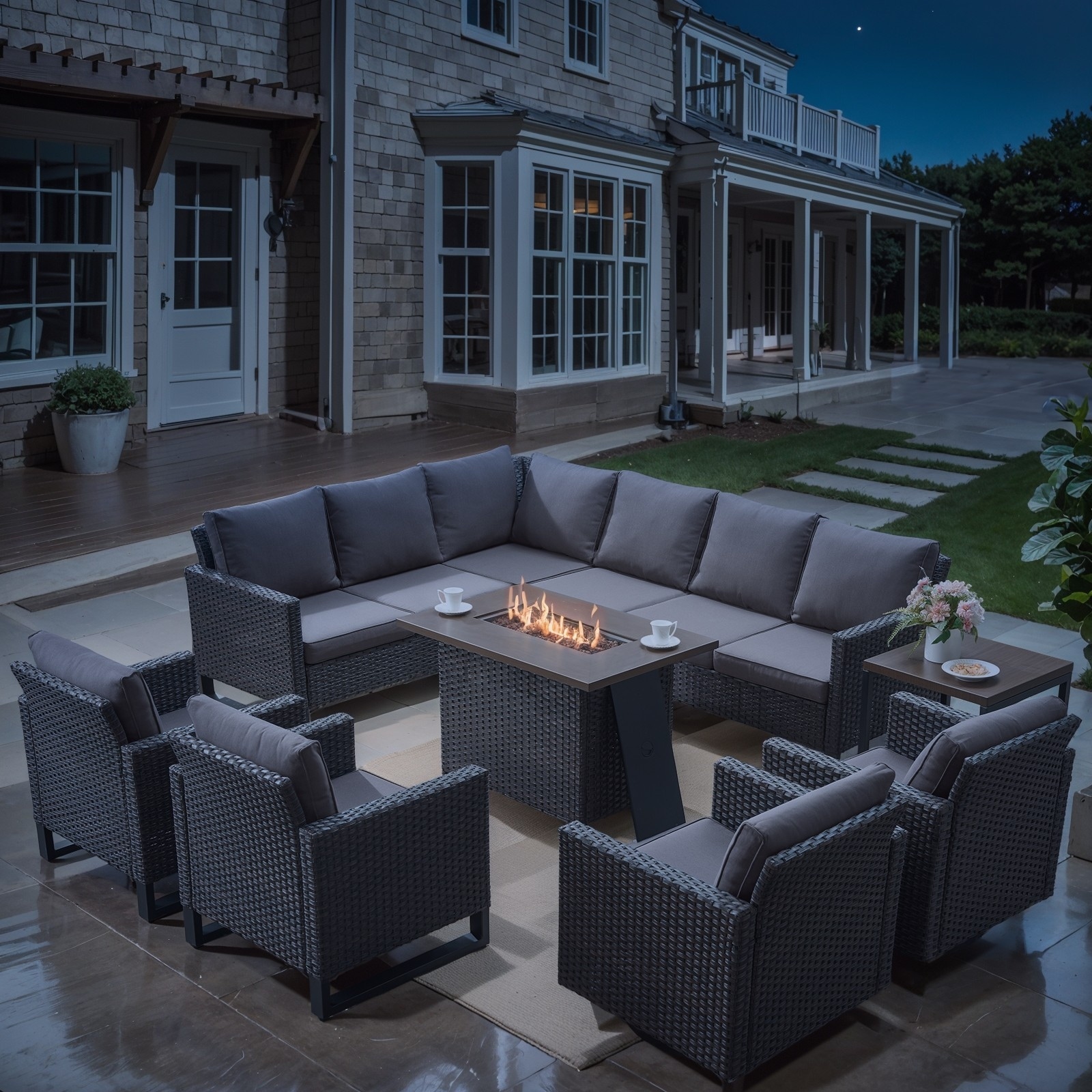 Outdoor Propane Fire Pit Table with Sofa Chair Table Set- Grey cushion - Brown