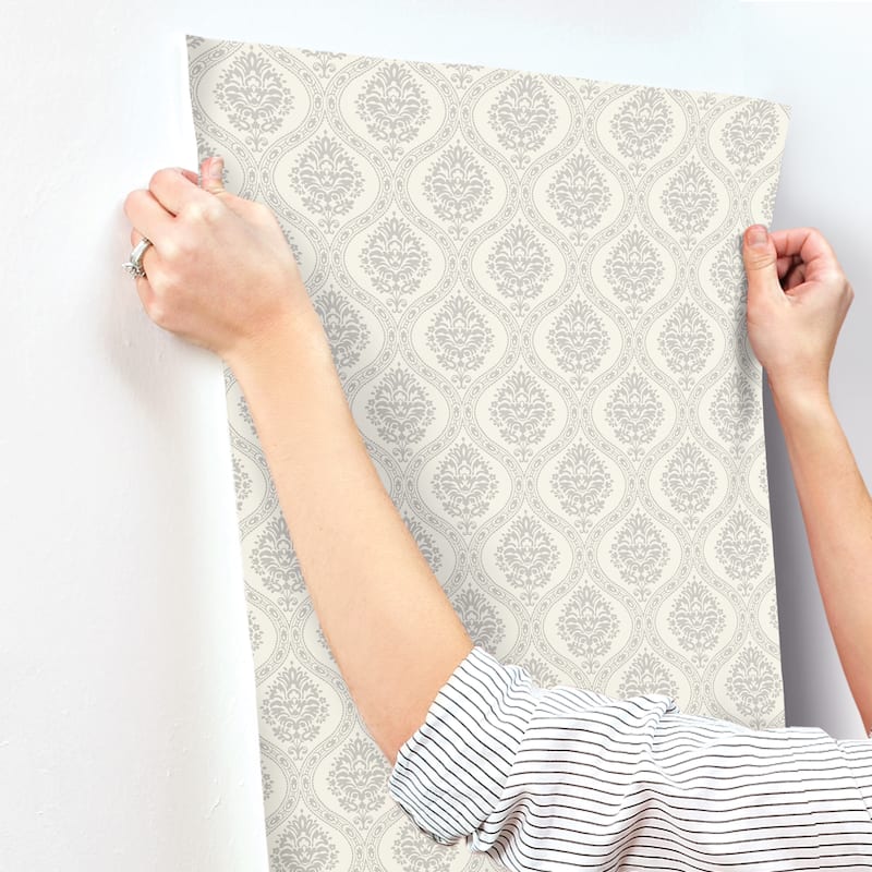 Fullerton Taupe Sure Strip Prepasted Damask Petite Ogee Wallpaper Covers about 56 sq. ft.