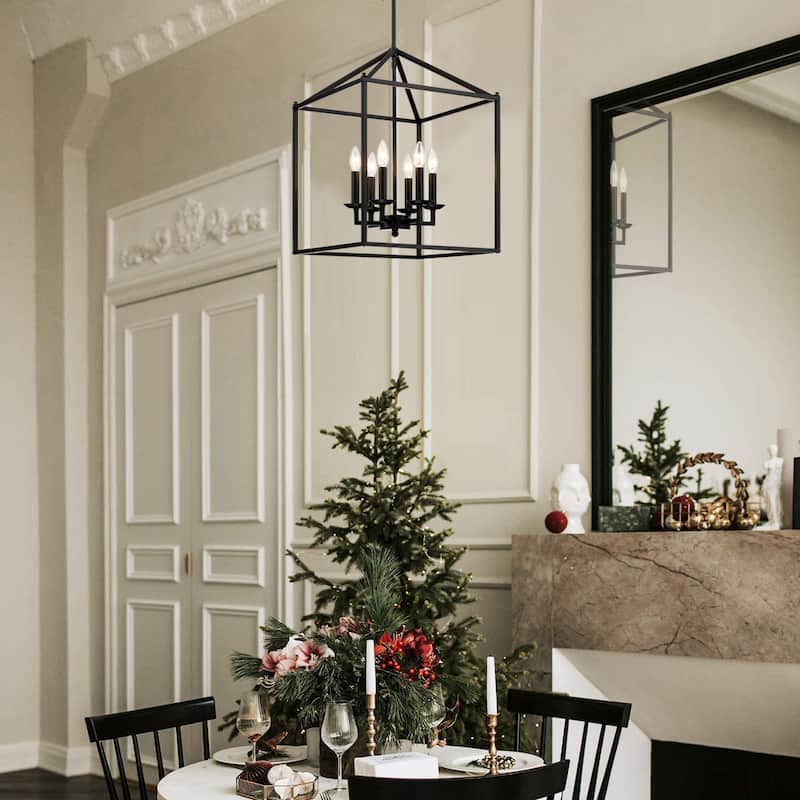 6-light pendant with black finish and steel cage shade