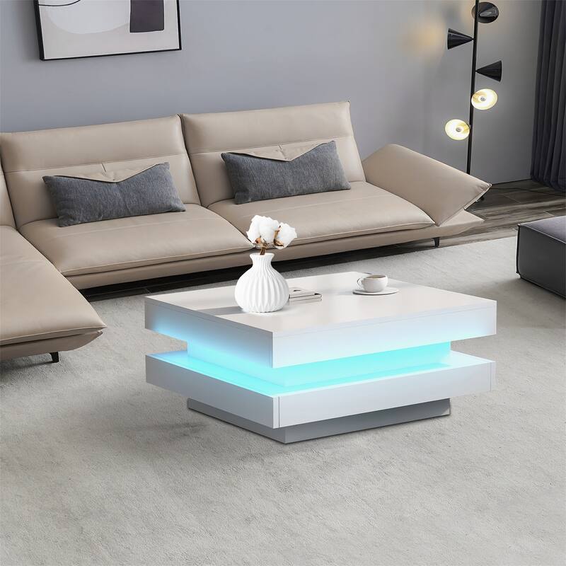 Minimalist Design High Gloss Wooden Square Coffee Table with LED Lights - White