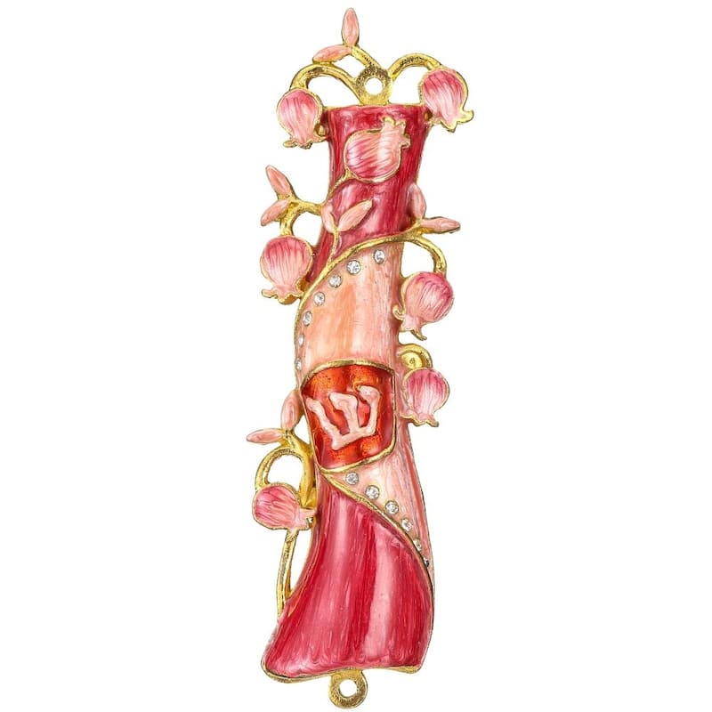 Matashi Hand Painted Red & Pink Enamel Mezuzah Embellished with a Pomegranate Floral Design with Gold Accents Quality Crystals