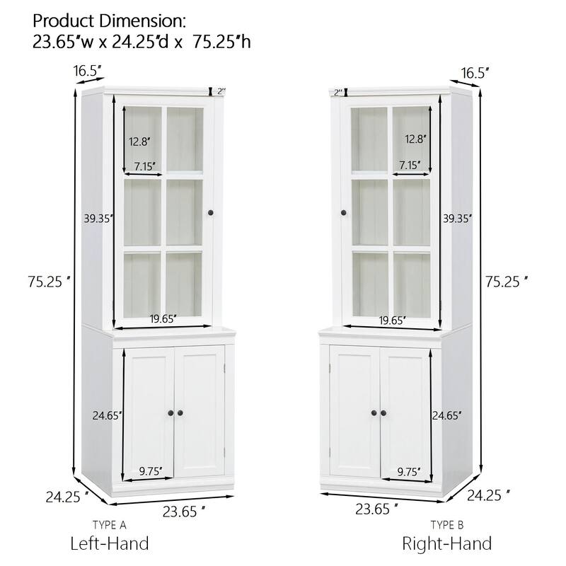 75.25" Modern Display Cabinet - Single Tempered Glass Door Hutch with Dual-Action Hinges - Cabinet for Living Room, Kitchen