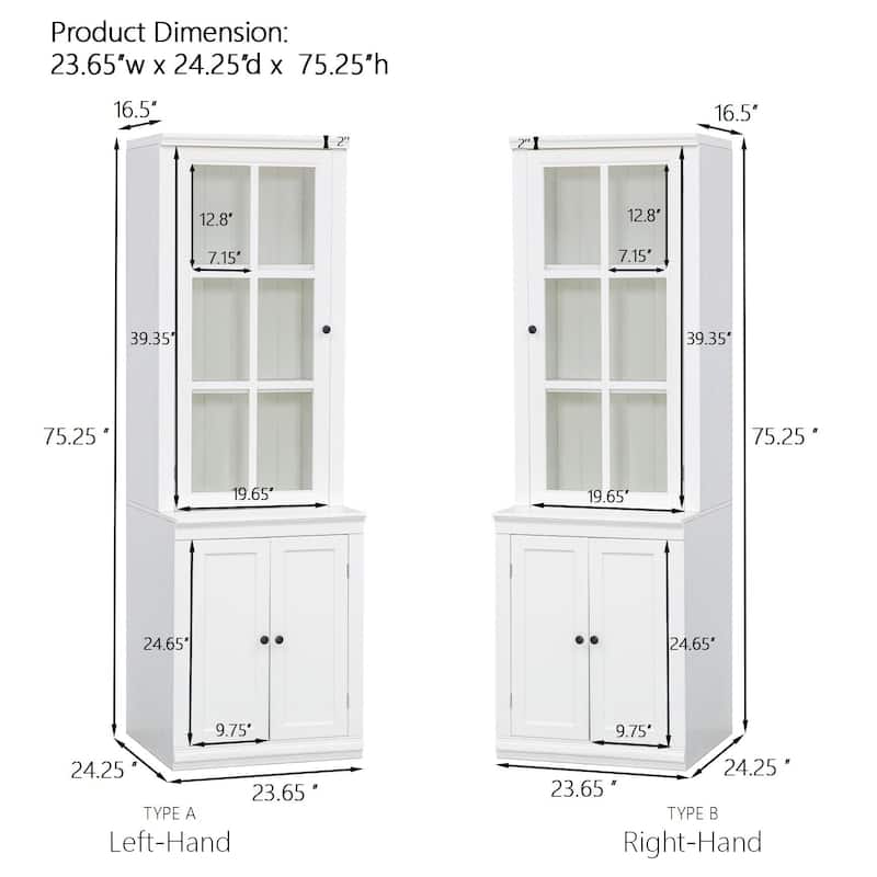 75.25'' Tall Display Cabinet with Single Tempered Glass Door, China Cabinet Hutch Cabinet with Double-Action LH & RH Door