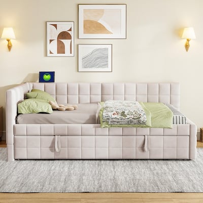 Full Size Upholstered L-Shaped Upholstered Daybed with Trundle
