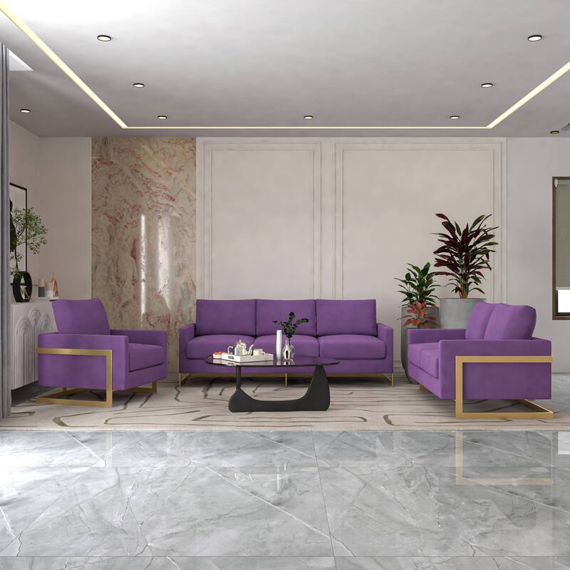 3-Piece Velvet Sofa Set with Gold Stainless Steel Base and Removable Cushions