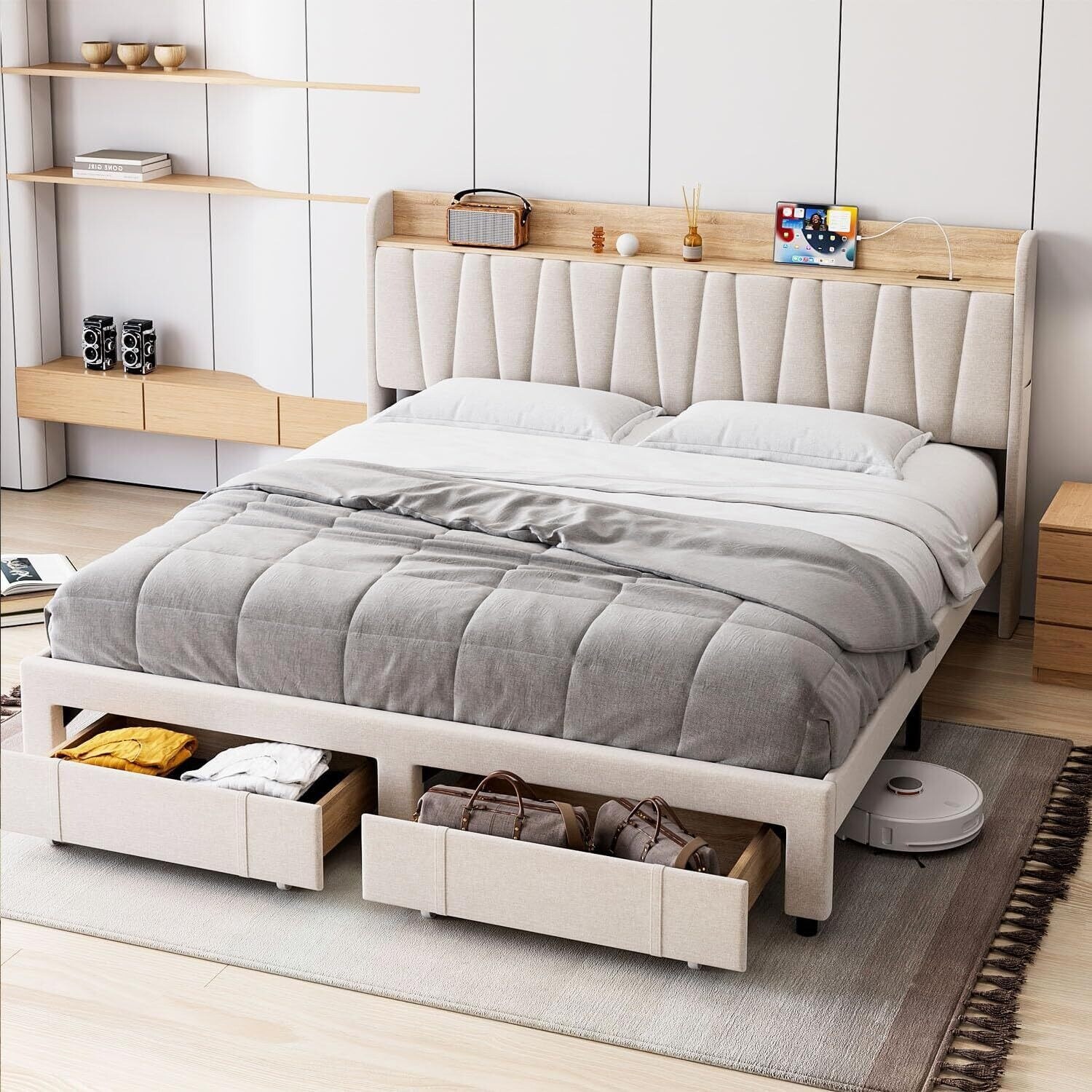 Modern Upholstered Bed Frame with Storage Headboard and Charging Station, Drawers