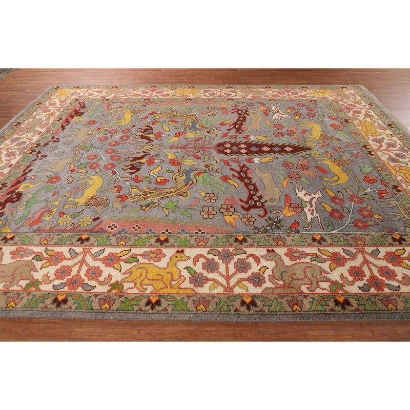 Hunting Animals Ziegler Indian Area Rug Hand-Knotted Wool Carpet - 9'1" X 11'10"