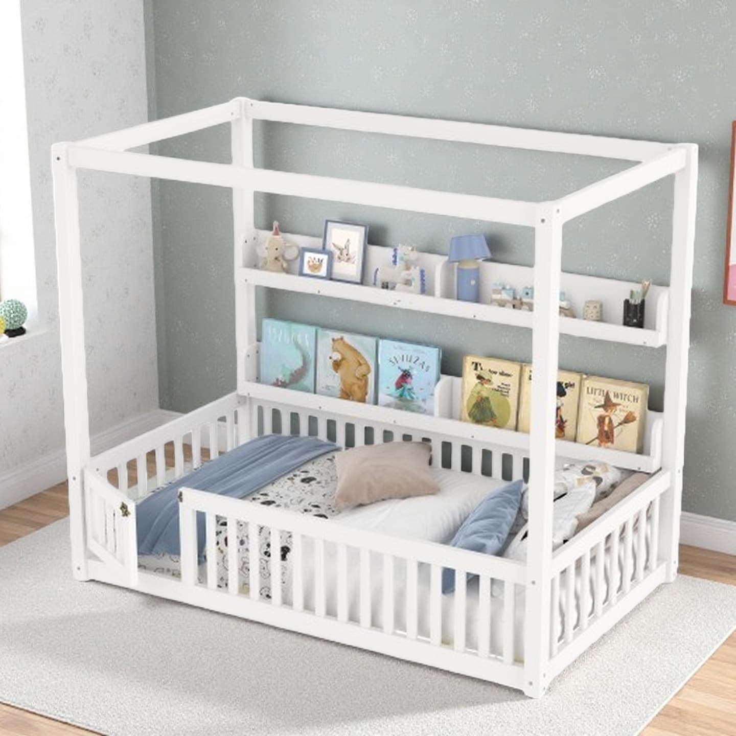 Twin Montessori Floor Bed with Canopy and Guardrails, Solid Wood Low-Profile Bed with Built-In Shelves for Kids, Boys & Girls
