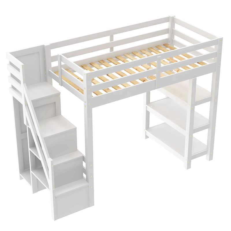 Roomfitters Twin/Full Size Loft Bed with Wardrobe, Storage Staircase and LED Light, White