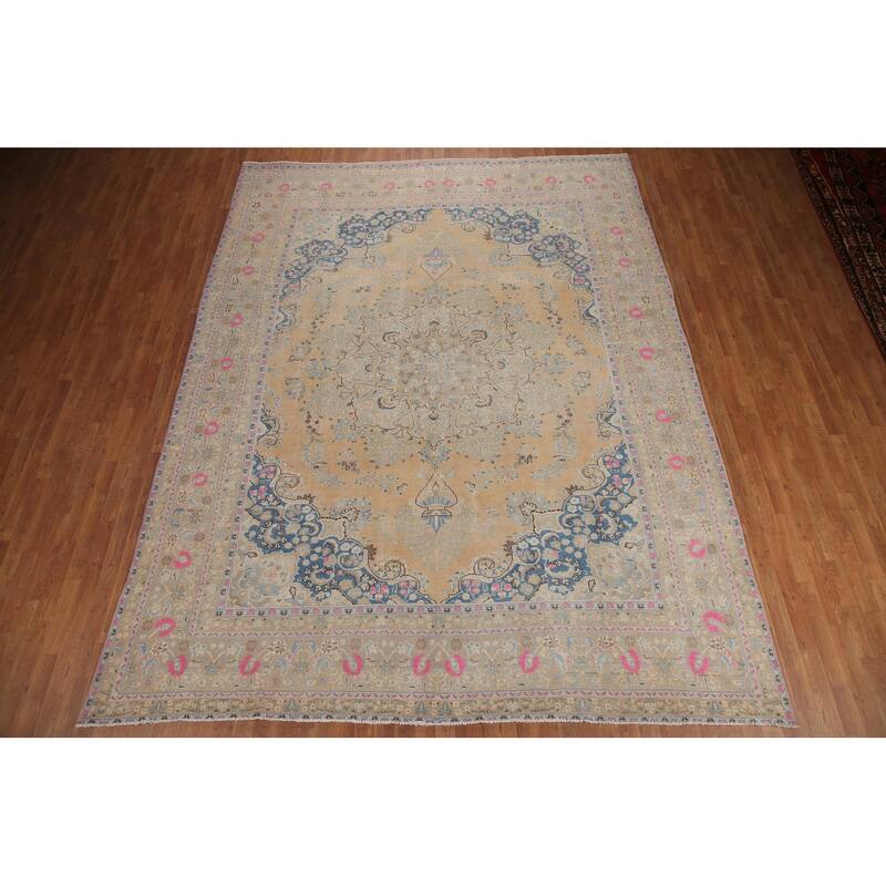 Hand Knotted Oriental 100% Wool Carpet Traditional Floral Peach Tabriz Area Rug - 12' 6'' X 9' 6''