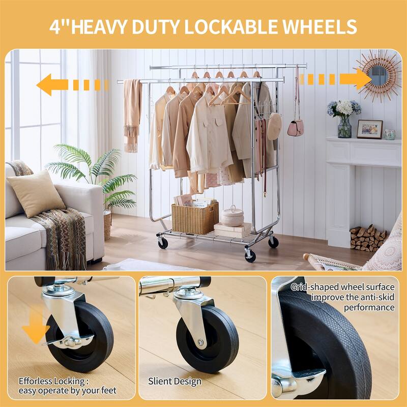 Double Clothing Garment Rack with Shelves, Wheels Rolling