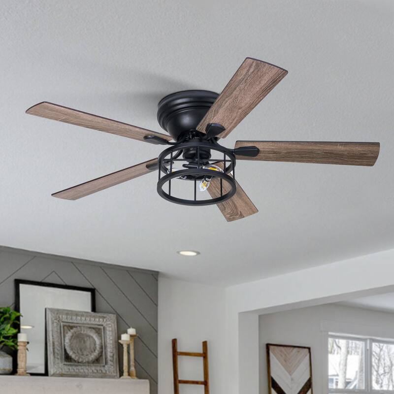 52-IN Flush Mount Black Ceiling Fan with Lights and Remote - Matte Black - Remote