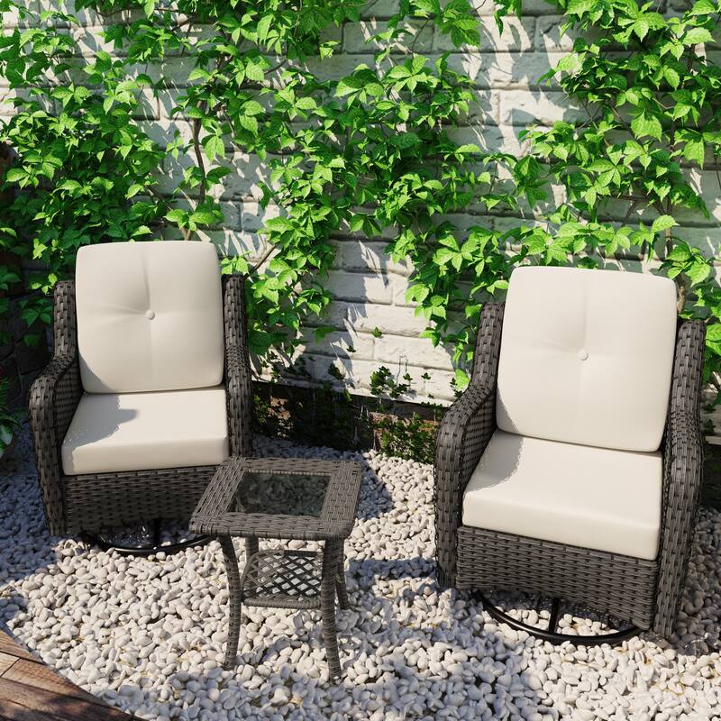 Outdoor Rattan Swivel Rocker Chairs Patio Bistro Set of 3 - Beige Set