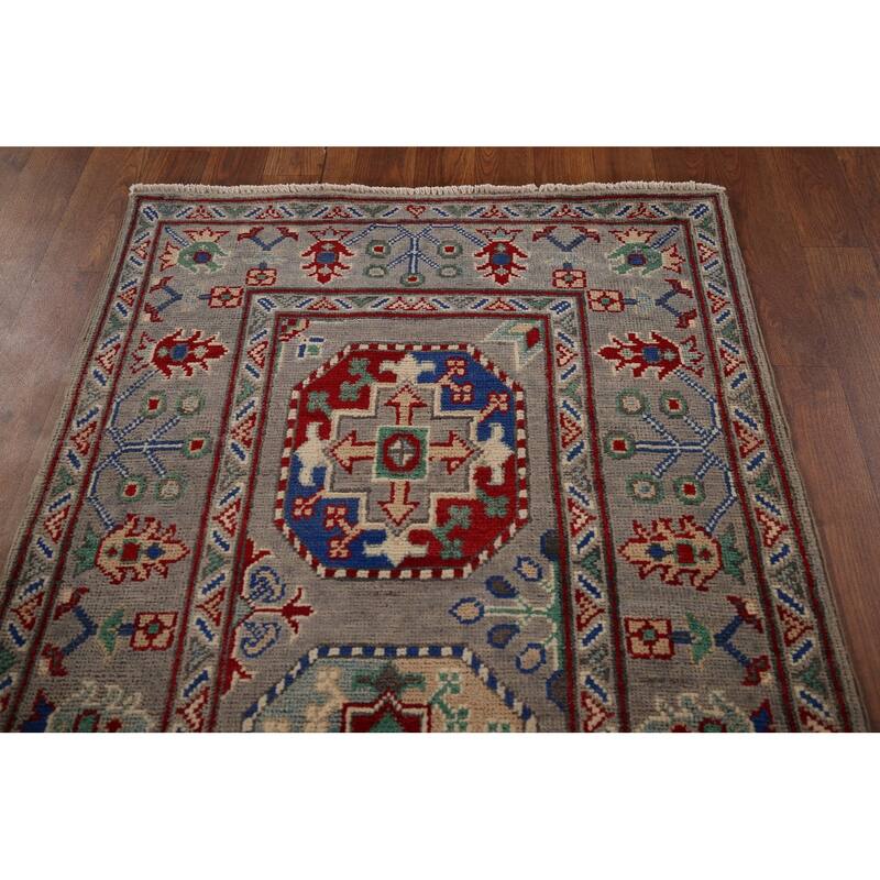 Geometric Kazak Runner Rug Handmade Hallway Wool Carpet - 2'7" x 12'10"