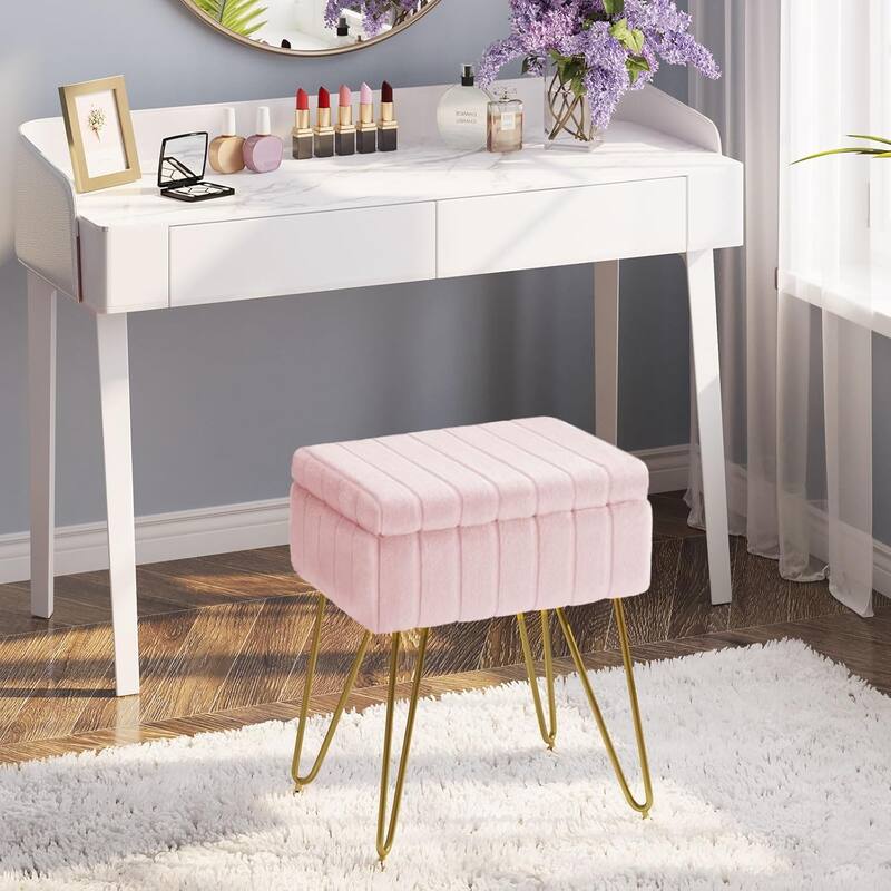 Vanity Stool Chair with Storage, Ottoman Boucle Soft Padded Makeup Footstools Seat 1PCS - 12.2"D x 16"W x 18.9"H