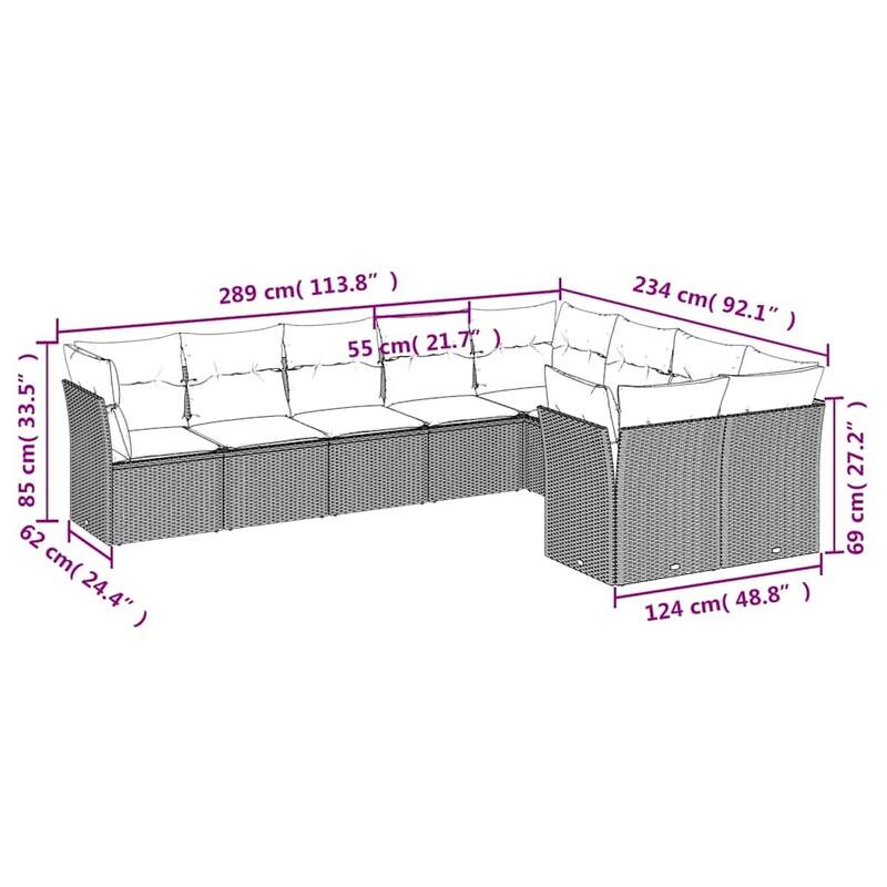 vidaXL Garden Sofa Set Brown PE rattan 9 piece set Adjustable Feet - 24.4 x 24.4 x 27.2