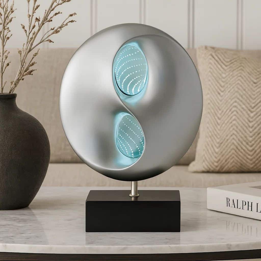 Nila 20 Inch LED Table Lamp, Black Silver Polyresin Orb Sphere, Block Base