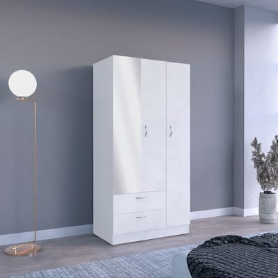 Riverside 3 Door Mirrored Armoire with Two Drawers, Four Shelves - N/A