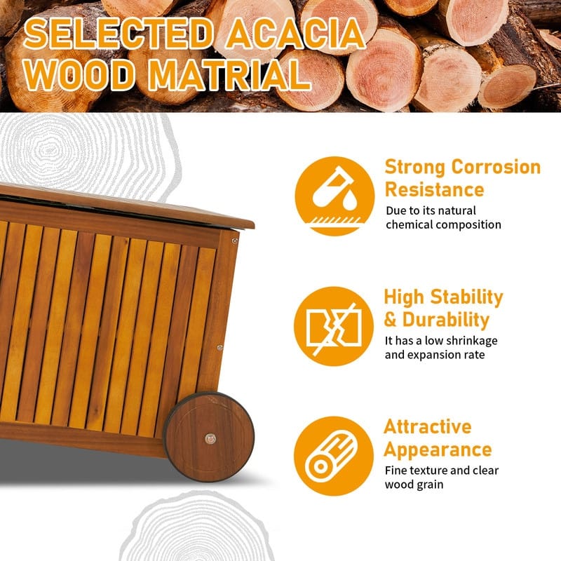 57 Gallon Acacia Wood Outdoor Wood Storage Box with 2 Wheels - N/A