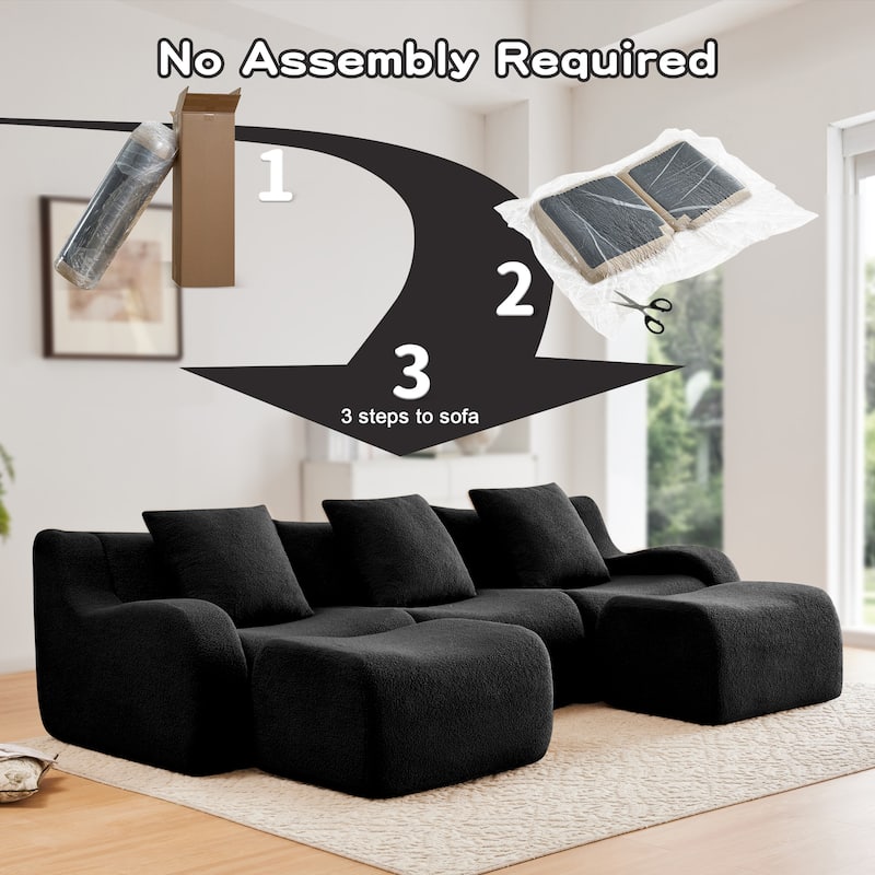 Sectional Couches for Living Room U-Shaped Boneless Couch, 3-Seat Sofa with Movable Ottoman, Floor Modular Teddy Fabric Sofa