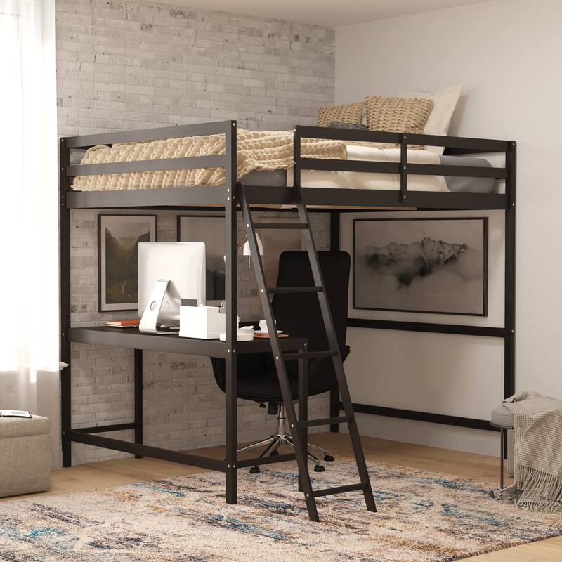 Traditional Wood Slat Loft Bed with Integrated Desk & Ladder - Espresso - Full