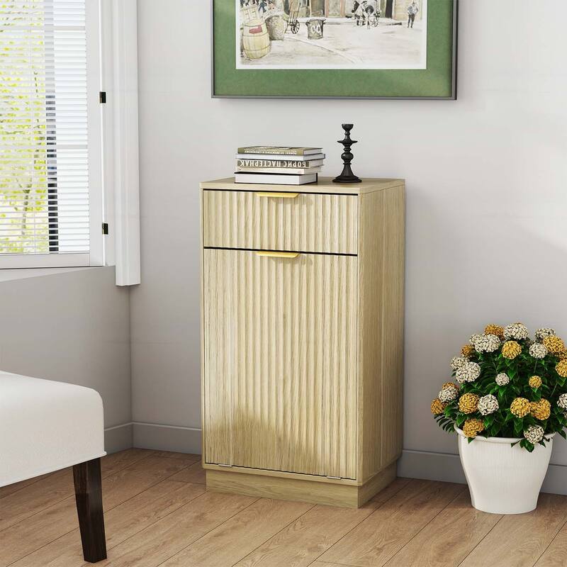 Tilt-Out Trash Can Cabinet with Wave-Textured Hideaway Drawer and Pull-Out Bin,for Living Room