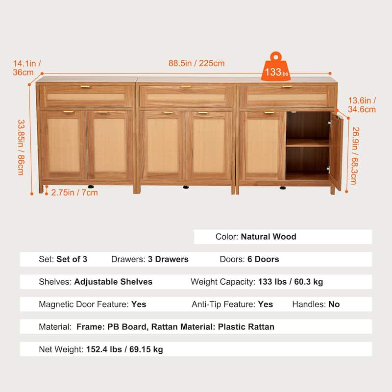 Buffet Cabinet, Rattan Cabinet with Storage 90inch, Storage Cabinet with 6 Magnetic Doors and Adjustable Shelves Set of 3, Side
