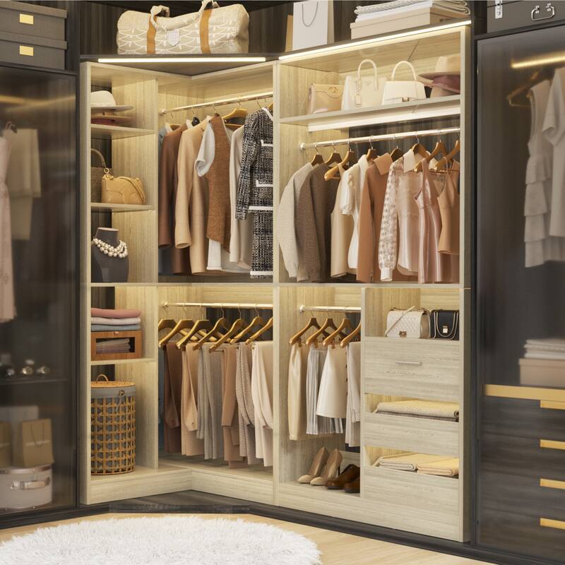 Qvella Set of 2 Corner Closet System, 72'' Wide Walk-in Closet Organizer with Drawers and Hanging Rods and Storage Shelves