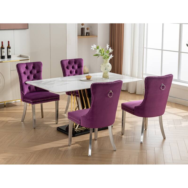 Velvet Upholstered Dining Chair Set of 2, Kitchen Side Chair with Chrome Stainless Steel Plating Legs & Nailhead Trim