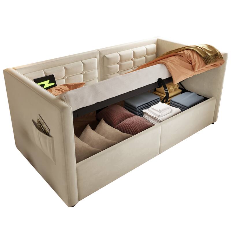 Beige Velvet Twin Daybed with Hydraulic Storage, USB Charging & Tufted Back!